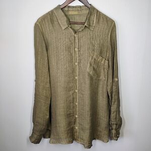 CP Shades Button Down Shirt Womens Medium Green 100% Linen Minimalist Neutral